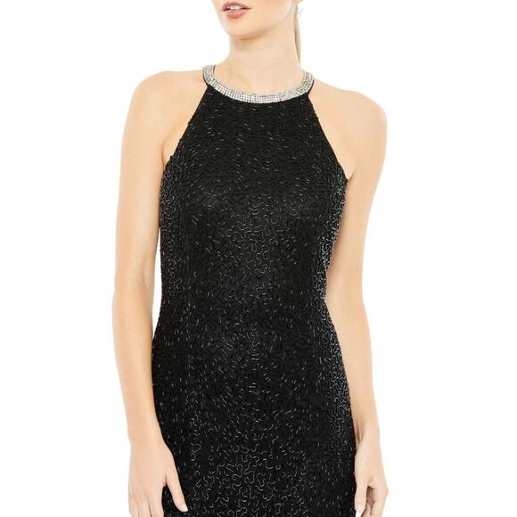FLAWED - NWT Mac Duggal Beaded Sleeveless High Neck Column Gown Black 4 #8517 - Picture 3 of 13